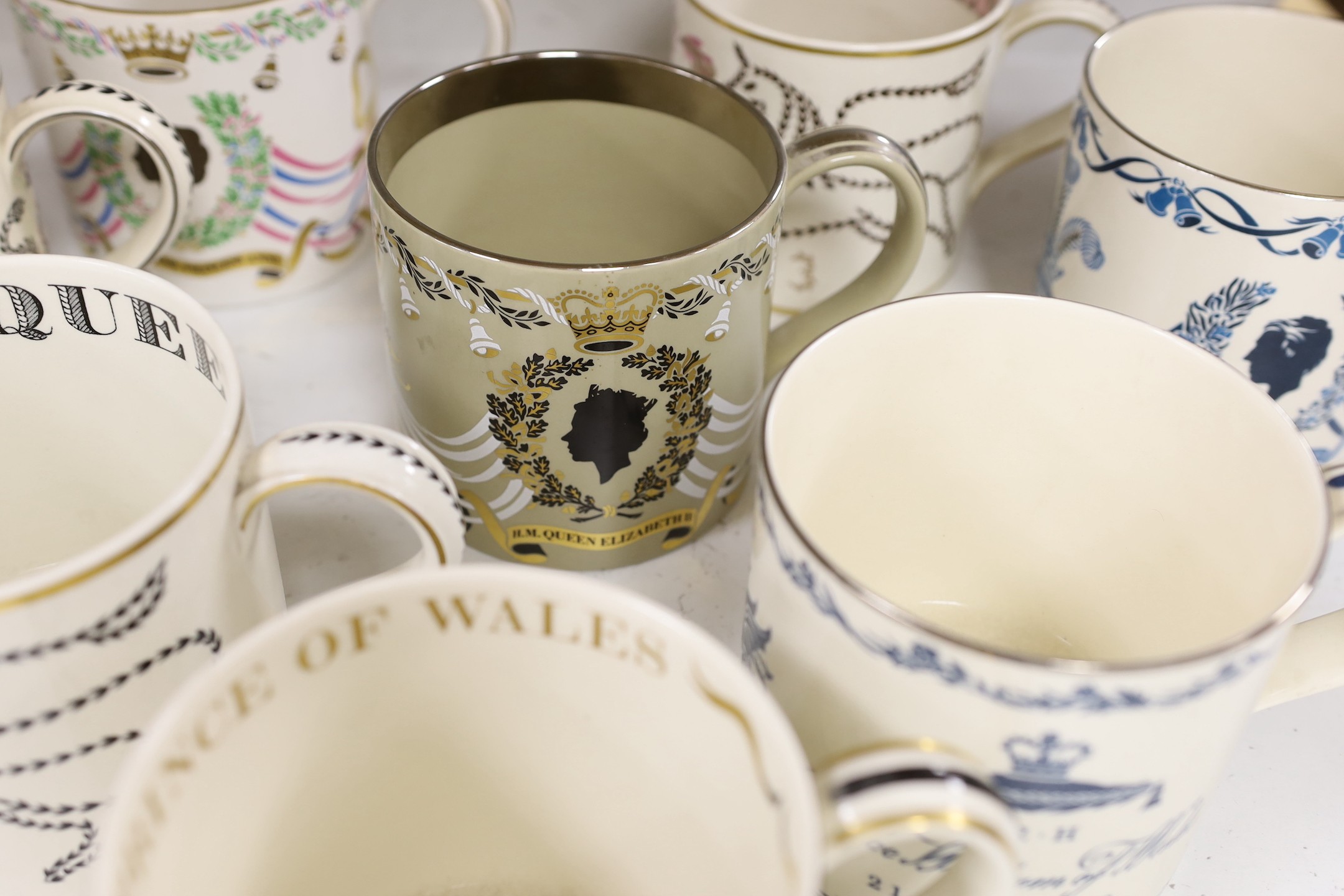 A collection of eight Wedgwood Richard Guyatt Royal commemorative mugs